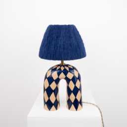 Handmade Blue Ceramic Lamp Diamond Pattern, Alpaca Silk Shade - thumbnail 4