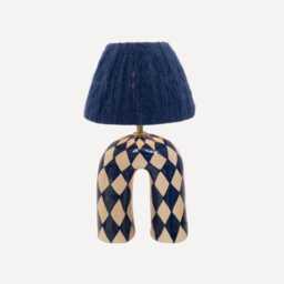 Handmade Blue Ceramic Lamp Diamond Pattern, Alpaca Silk Shade