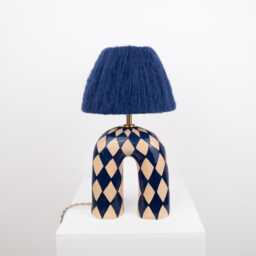 Handmade Blue Ceramic Lamp Diamond Pattern, Alpaca Silk Shade - thumbnail 3