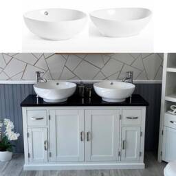 Grey Painted Bathroom Vanity Unit Cabinet Twin Ceramic Bowl Basin Tap Set 402Gbqcbcx2