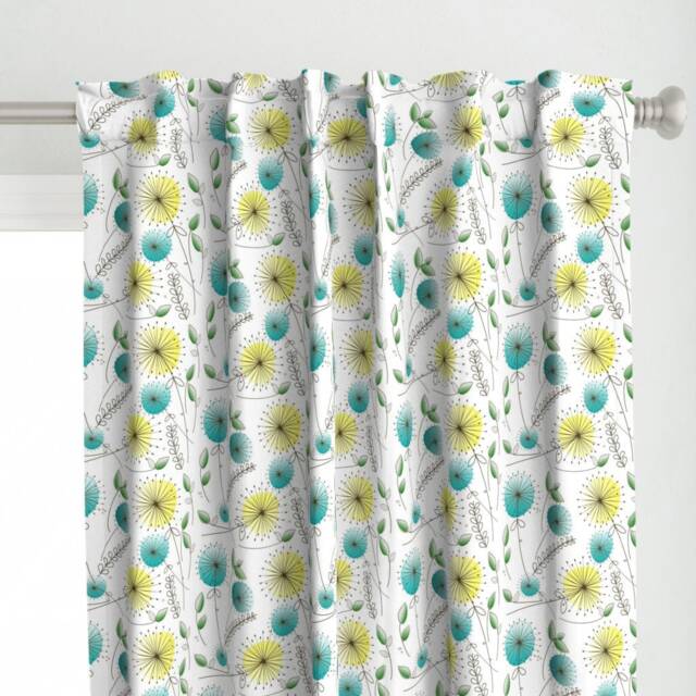 Flower Curtain Panel - Retro Mod Floral Blue Yellow Midcentury Modern Custom Mid-Century Dandelion Clocks By Hot4Tees_Bg - image 1