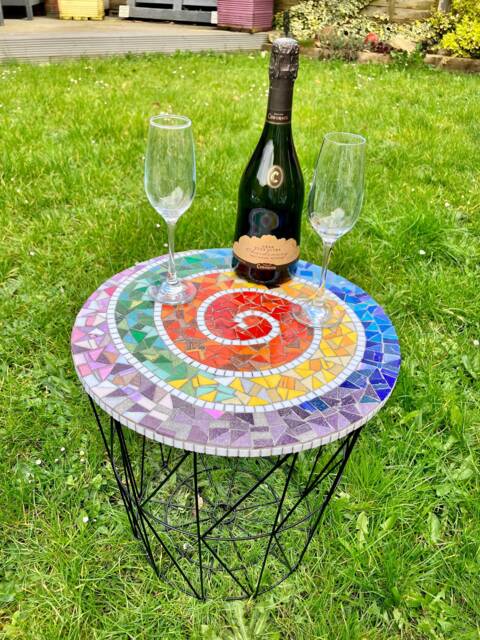 Handmade Rainbow Mosaic Table With Storage Basket - image 1