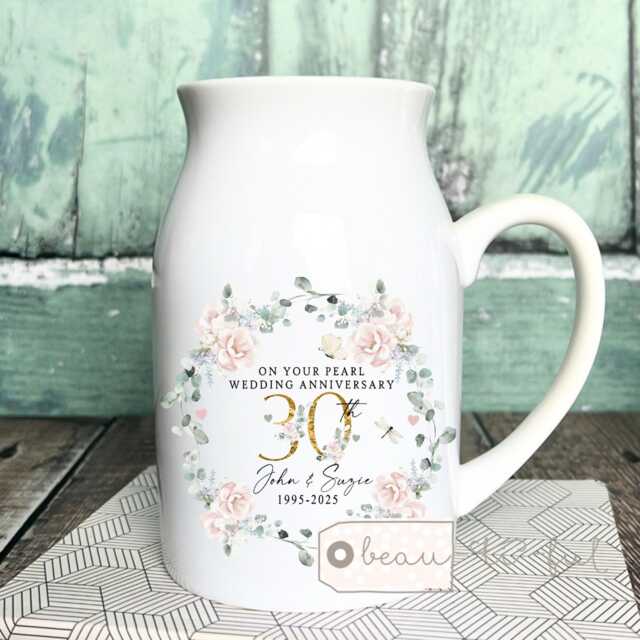 Personalised Pearl Wedding Anniversary Gift 30Th 30 Ruby Silver Golden Diamond Floral Ceramic Small Vase Jug Mug - image 1