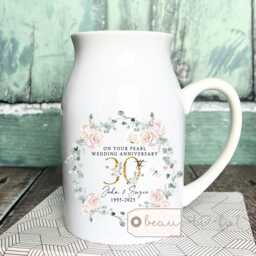 Personalised Pearl Wedding Anniversary Gift 30Th 30 Ruby Silver Golden Diamond Floral Ceramic Small Vase Jug Mug - thumbnail 1