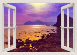 Beach Sunset Wall Decal, 3D Window Sea Cost View Frame, From Home Mural
