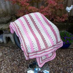 Crochet Blanket in Shades Of Pink Aran Wool, Hand Crafted Afghan Throw, Handmade Stripe - thumbnail 2