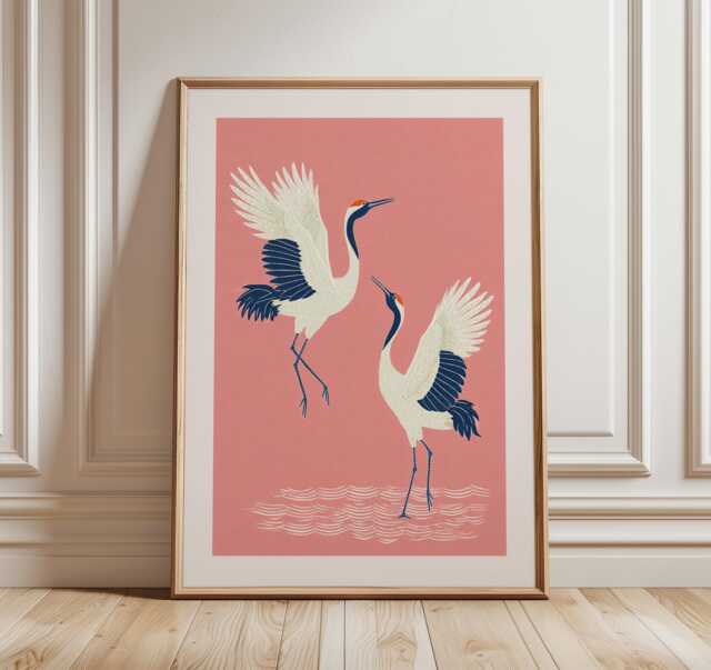 Minimalist Japanese Cranes Art Print, Pink Aesthetic Poster, Ukiyo-E Style Bird Wall Decor, Boho Maximalist Gift, Illustration - image 1