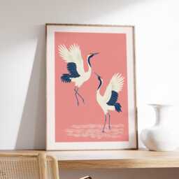 Minimalist Japanese Cranes Art Print, Pink Aesthetic Poster, Ukiyo-E Style Bird Wall Decor, Boho Maximalist Gift, Illustration - thumbnail 2