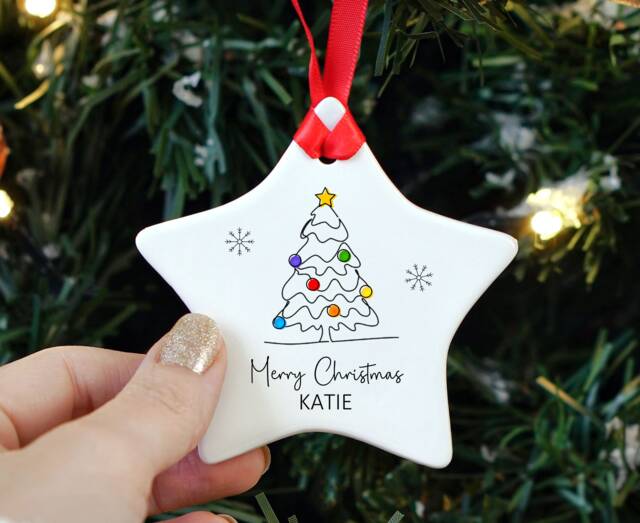 Personalised Merry Christmas Tree Ceramic Ornament Pretty Modern Line Art Creative Design - With Name(S Or Family - image 1