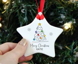 Personalised Merry Christmas Tree Ceramic Ornament Pretty Modern Line Art Creative Design - With Name(S Or Family