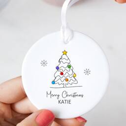 Personalised Merry Christmas Tree Ceramic Ornament Pretty Modern Line Art Creative Design - With Name(S Or Family - thumbnail 3