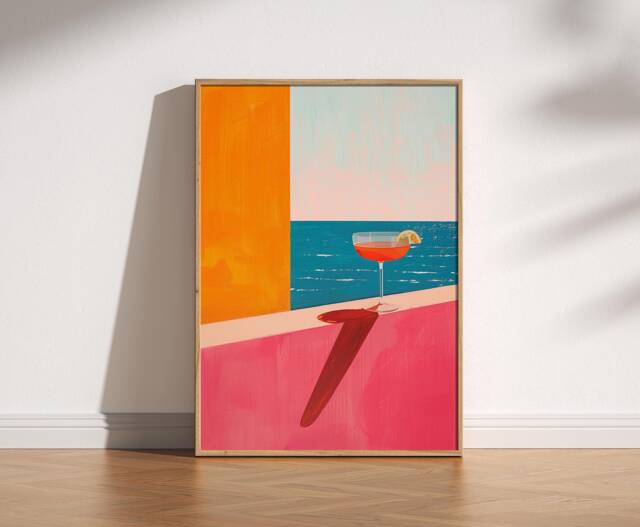 Abstract Minimalist Retro Cocktail & Ocean Print, Modern Summer Decor, Trendy Blue Orange Pink Bold Colourful, Contemporary Aesthetic Art - image 1