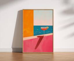Abstract Minimalist Retro Cocktail & Ocean Print, Modern Summer Decor, Trendy Blue Orange Pink Bold Colourful, Contemporary Aesthetic Art - thumbnail 1