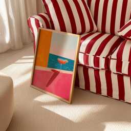 Abstract Minimalist Retro Cocktail & Ocean Print, Modern Summer Decor, Trendy Blue Orange Pink Bold Colourful, Contemporary Aesthetic Art - thumbnail 3