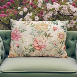 New Stately Home Garden Embroidered Cushion, Pinks, Yellows & Green Leaves & Stems - thumbnail 1