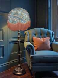 Handmade William Morris Peacock Dragon Fabric Dome Lampshade Teal Fabric, Slate Blue Braid, Gold Fringe Made in The UK