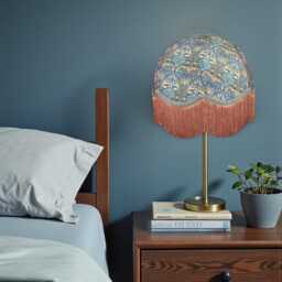 William Morris Teal Peacock & Dragon Curtains Fabric Dome Lampshade Slate Blue Braid & Antique Gold Fringe, Bespoke British Handmade - thumbnail 3