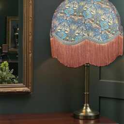 William Morris Teal Peacock & Dragon Curtains Fabric Dome Lampshade Slate Blue Braid & Antique Gold Fringe, Bespoke British Handmade - thumbnail 2