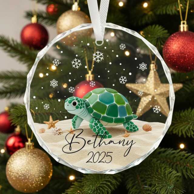 Sea Turtle Christmas Ornament, Personalized Glass Decoration, Beach Lover Gift, Ocean Theme Keepsake, Custom Name Ornament 2025 - image 1