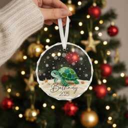 Sea Turtle Christmas Ornament, Personalized Glass Decoration, Beach Lover Gift, Ocean Theme Keepsake, Custom Name Ornament 2025 - thumbnail 3