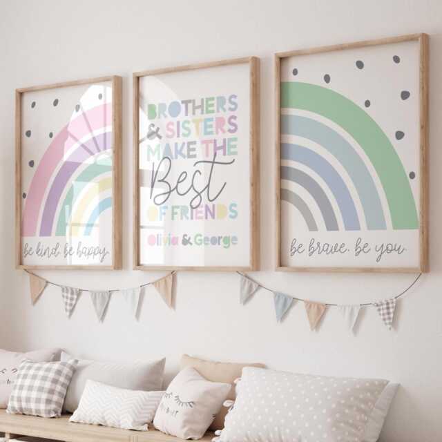 Set Of 3 Personalised Brother Sister Rainbow Prints, Wall Art, Sibling Girls Bedroom, Boys Bedroom, Shared Playroom - image 1