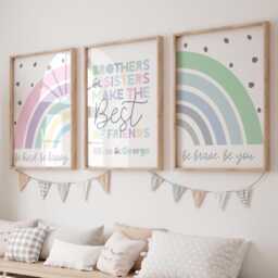 Set Of 3 Personalised Brother Sister Rainbow Prints, Wall Art, Sibling Girls Bedroom, Boys Bedroom, Shared Playroom - thumbnail 1