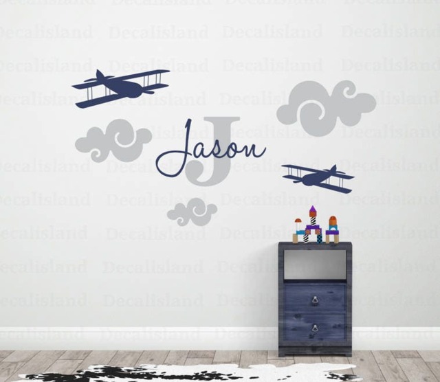 Aviation Nursery Wall Decal Child Personalized Name Plane, Airplane, Clouds, Monogram Nursery Boys Room, Decalisland-Sd - image 1