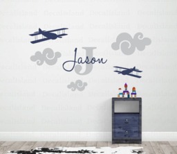 Aviation Nursery Wall Decal Child Personalized Name Plane, Airplane, Clouds, Monogram Nursery Boys Room, Decalisland-Sd - thumbnail 1