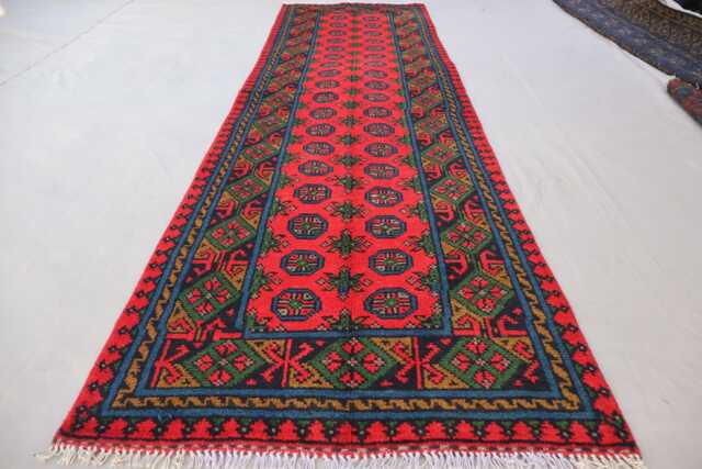 2'5x9'5 Afghan Red Runner Rug, Handmade Wool Multicolor Natural Veg Dyes Turkmen Bukhara Oriental Hallway Rug - image 1