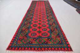 2'5x9'5 Afghan Red Runner Rug, Handmade Wool Multicolor Natural Veg Dyes Turkmen Bukhara Oriental Hallway Rug - thumbnail 1