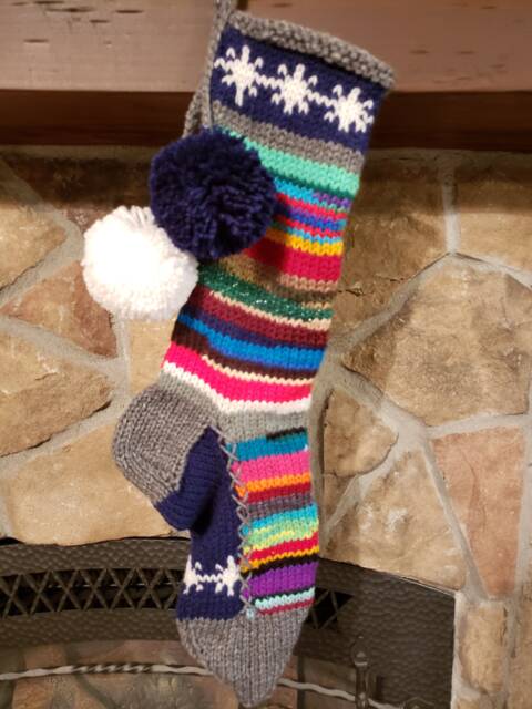 Hand Knit Christmas Stocking Rag Series Gray Trim Navy Blue Gusset White Snowflake Chain Detail By Santa's Works - image 1