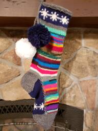 Hand Knit Christmas Stocking Rag Series Gray Trim Navy Blue Gusset White Snowflake Chain Detail By Santa's Works