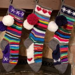 Hand Knit Christmas Stocking Rag Series Gray Trim Navy Blue Gusset White Snowflake Chain Detail By Santa's Works - thumbnail 3