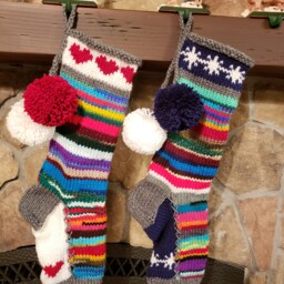 Hand Knit Christmas Stocking Rag Series Gray Trim Navy Blue Gusset White Snowflake Chain Detail By Santa's Works - thumbnail 2