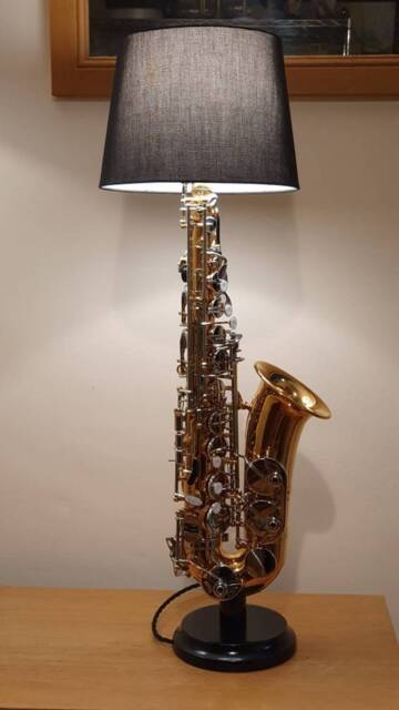 Saxophone Lamp, Alto, Gold With Silver Keys, Handmade Hardwood Base - image 1