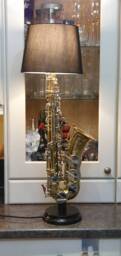 Saxophone Lamp, Alto, Gold With Silver Keys, Handmade Hardwood Base - thumbnail 3
