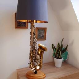 Saxophone Lamp, Alto, Gold With Silver Keys, Handmade Hardwood Base - thumbnail 2