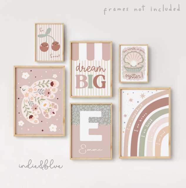 Set Of 6 Girls Dusty Pink & Sage Green Gallery Wall Prints, Peace Dove, Cherry, Oyster, Rainbow Poster Bundle, Girl Nursery Bedroom Decor - image 1