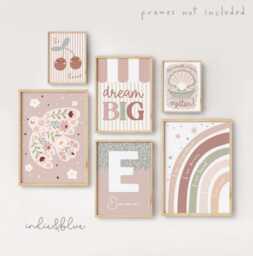 Set Of 6 Girls Dusty Pink & Sage Green Gallery Wall Prints, Peace Dove, Cherry, Oyster, Rainbow Poster Bundle, Girl Nursery Bedroom Decor - thumbnail 1