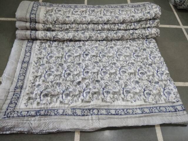 Indian Block Printed Cotton Quilt Hand Quilted Kantha Bed Cover - image 1