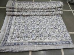 Indian Block Printed Cotton Quilt Hand Quilted Kantha Bed Cover - thumbnail 1