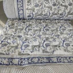 Indian Block Printed Cotton Quilt Hand Quilted Kantha Bed Cover - thumbnail 3