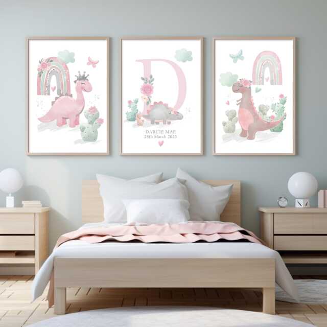 Pastel Dinosaur Nursery Prints For Girls Personalised Initial & Name - Set Of 3 - image 1