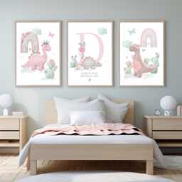 Pastel Dinosaur Nursery Prints For Girls Personalised Initial & Name - Set Of 3 - thumbnail 1