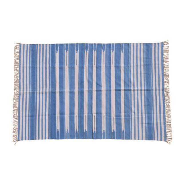 Handmade Striped Cotton Area Rug Light Indigo Reversible Dhurrie - image 1
