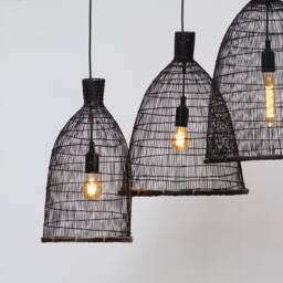 Set Of 3 Black Bamboo Basket Pendant Lights - Handwoven Asian Style - thumbnail 2