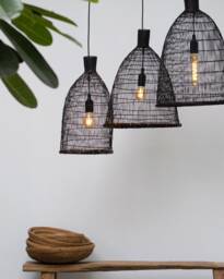 Set Of 3 Black Bamboo Basket Pendant Lights - Handwoven Asian Style