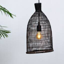 Set Of 3 Black Bamboo Basket Pendant Lights - Handwoven Asian Style - thumbnail 3