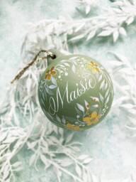 Hand Painted Personalised Ceramic Bauble in Sage Green & Gold With Botanical Illustration