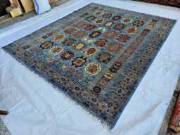 9x12 Hand Knotted Blue Afghan Rug, Geometric Medallion Panel Wool, Large Tribal Carpet - thumbnail 1
